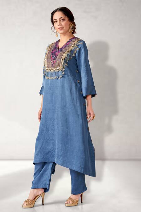 Buy Aditi Somani Blue Silk Tassels V-neck Embroidered Patola Yoke Kurta And Pant Set Online at Aza Fashions Buy_Aditi Somani_Blue Silk Tassels V-neck Embroidered Patola Yoke Kurta And Pant Set _Online_at_Aza_Fashions