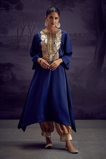 Aditi Somani Blue Tissue Silk Embroidered Bird Round Kurta And Harem Pant Set 