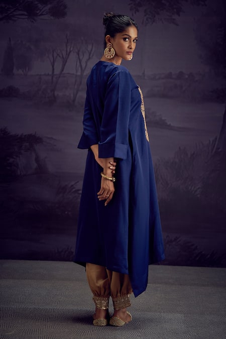 Shop Aditi Somani Blue Silk, Tissue Embroidery, Tassels Round Neck Bird Kurta And Harem Pant Set at Aza Fashions Shop_Aditi Somani_Blue Silk, Tissue Embroidery, Tassels Round Neck Bird Kurta And Harem Pant Set _at_Aza_Fashions
