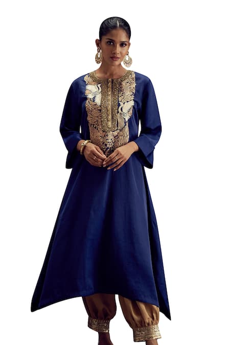 Aditi Somani Blue Silk, Tissue Embroidery, Tassels Round Neck Bird Kurta And Harem Pant Set Online at Aza Fashions Aditi Somani_Blue Silk, Tissue Embroidery, Tassels Round Neck Bird Kurta And Harem Pant Set _Online_at_Aza_Fashions