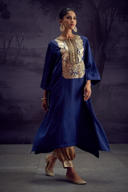 Shop Aditi Somani Blue Silk, Tissue Embroidery, Tassels Round Neck Bird Kurta And Harem Pant Set Online at Aza Fashions Shop_Aditi Somani_Blue Silk, Tissue Embroidery, Tassels Round Neck Bird Kurta And Harem Pant Set _Online_at_Aza_Fashions