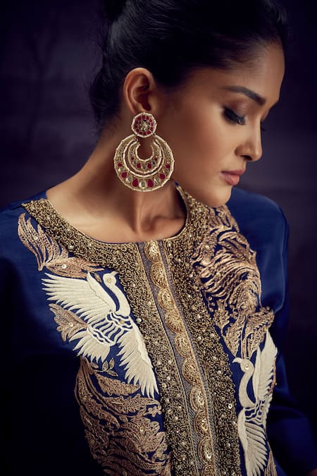 Aditi Somani Blue Silk, Tissue Embroidery, Tassels Round Neck Bird Kurta And Harem Pant Set at Aza Fashions Aditi Somani_Blue Silk, Tissue Embroidery, Tassels Round Neck Bird Kurta And Harem Pant Set _at_Aza_Fashions