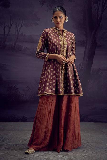 Aditi Somani Brown Cotton Silk Embroidered Floral Stand Collar Kali Top And Sharara Set 