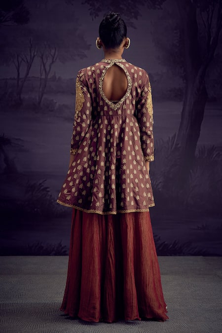 Shop Aditi Somani Brown Cotton, Silk, Crepe Embroidery Collared Kali Top And Sharara Set at Aza Fashions Shop_Aditi Somani_Brown Cotton, Silk, Crepe Embroidery Collared Kali Top And Sharara Set _at_Aza_Fashions