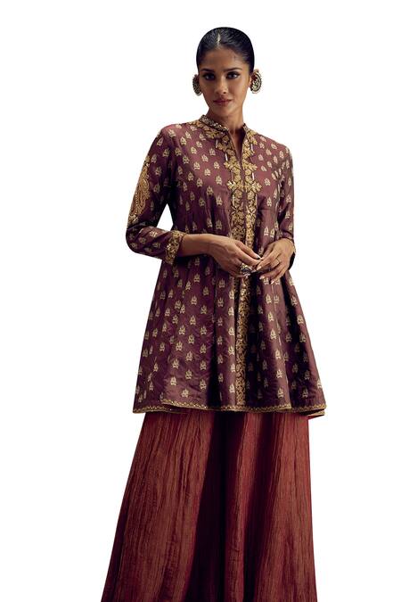 Aditi Somani Brown Cotton, Silk, Crepe Embroidery Collared Kali Top And Sharara Set Online at Aza Fashions Aditi Somani_Brown Cotton, Silk, Crepe Embroidery Collared Kali Top And Sharara Set _Online_at_Aza_Fashions