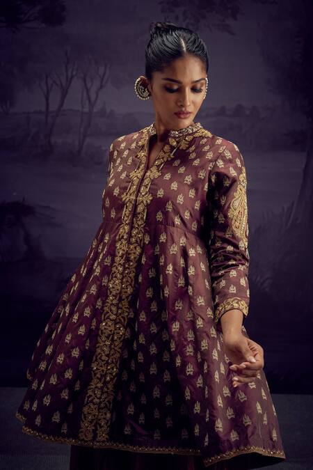 Shop Aditi Somani Brown Cotton, Silk, Crepe Embroidery Collared Kali Top And Sharara Set Online at Aza Fashions Shop_Aditi Somani_Brown Cotton, Silk, Crepe Embroidery Collared Kali Top And Sharara Set _Online_at_Aza_Fashions