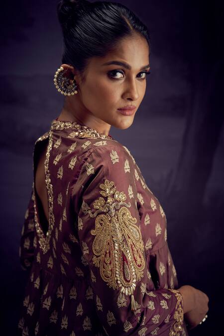 Aditi Somani Brown Cotton, Silk, Crepe Embroidery Collared Kali Top And Sharara Set at Aza Fashions Aditi Somani_Brown Cotton, Silk, Crepe Embroidery Collared Kali Top And Sharara Set _at_Aza_Fashions