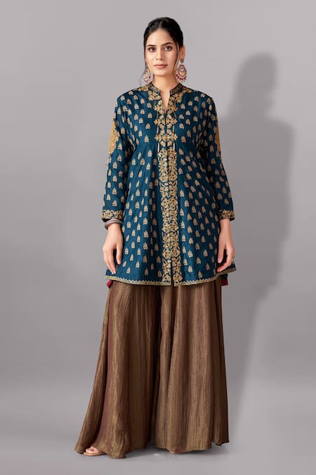 Aditi Somani Blue Cotton Silk Embroidered Floral Stand Collar Kali Top And Sharara Set 