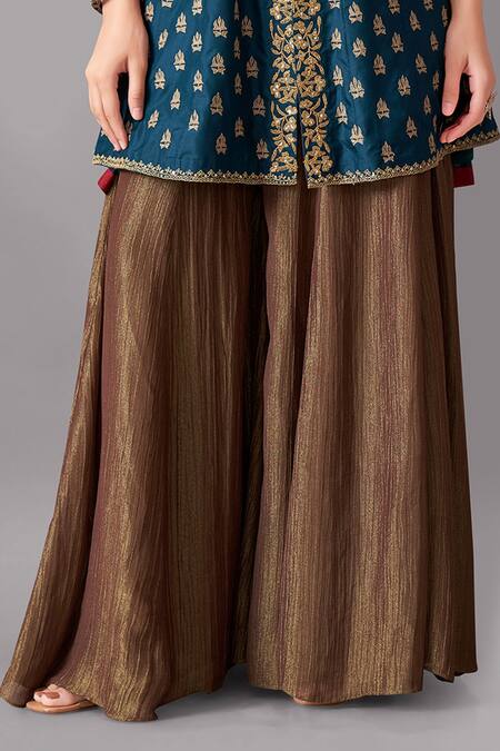 Aditi Somani Blue Cotton, Silk, Crepe Embroidery Collared Floral Kali Top And Sharara Set Online at Aza Fashions Aditi Somani_Blue Cotton, Silk, Crepe Embroidery Collared Floral Kali Top And Sharara Set _Online_at_Aza_Fashions