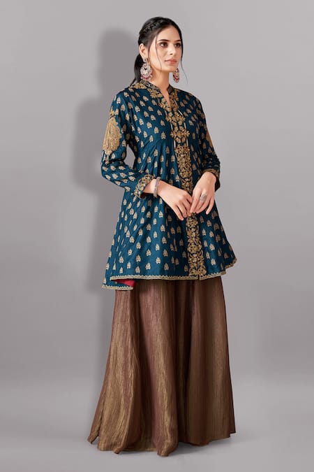 Shop Aditi Somani Blue Cotton, Silk, Crepe Embroidery Collared Floral Kali Top And Sharara Set Online at Aza Fashions Shop_Aditi Somani_Blue Cotton, Silk, Crepe Embroidery Collared Floral Kali Top And Sharara Set _Online_at_Aza_Fashions