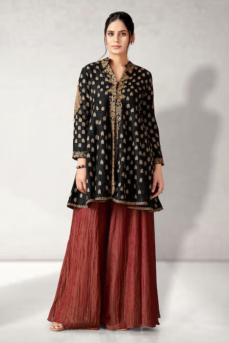 Aditi Somani Black Cotton Silk Embroidered Floral Stand Collar Kali Top And Crushed Sharara Set 