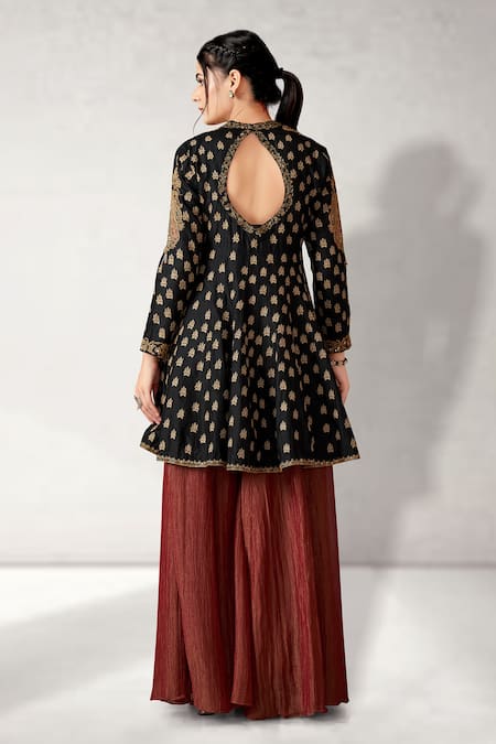 Shop Aditi Somani Black Cotton, Silk, Tissue Embroidery Collared Kali Top And Crushed Sharara Set at Aza Fashions Shop_Aditi Somani_Black Cotton, Silk, Tissue Embroidery Collared Kali Top And Crushed Sharara Set _at_Aza_Fashions