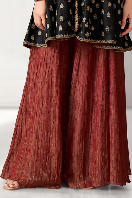 Aditi Somani Black Cotton, Silk, Tissue Embroidery Collared Kali Top And Crushed Sharara Set Online at Aza Fashions Aditi Somani_Black Cotton, Silk, Tissue Embroidery Collared Kali Top And Crushed Sharara Set _Online_at_Aza_Fashions