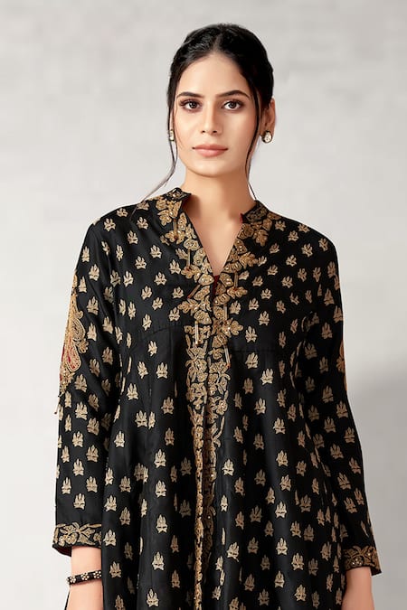 Buy Aditi Somani Black Cotton, Silk, Tissue Embroidery Collared Kali Top And Crushed Sharara Set Online at Aza Fashions Buy_Aditi Somani_Black Cotton, Silk, Tissue Embroidery Collared Kali Top And Crushed Sharara Set _Online_at_Aza_Fashions