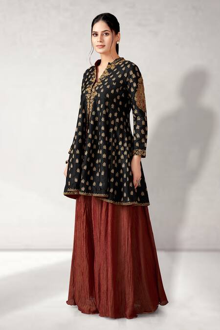 Shop Aditi Somani Black Cotton, Silk, Tissue Embroidery Collared Kali Top And Crushed Sharara Set Online at Aza Fashions Shop_Aditi Somani_Black Cotton, Silk, Tissue Embroidery Collared Kali Top And Crushed Sharara Set _Online_at_Aza_Fashions