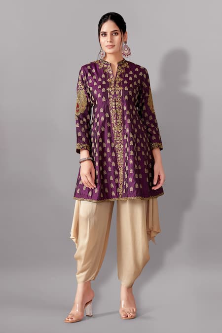 Aditi Somani Wine Cotton Silk Embroidered Floral Stand Collar Kali Top And Dhoti Pant Set 