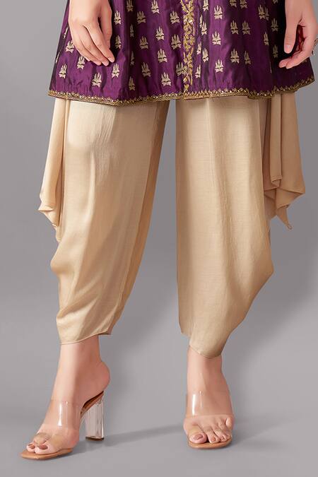 Aditi Somani_Wine Cotton, Silk Embroidery Mandarin Collar Kali Top And Dhoti Pant Set _Online_at_Aza_Fashions