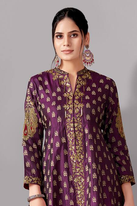Buy_Aditi Somani_Wine Cotton, Silk Embroidery Mandarin Collar Kali Top And Dhoti Pant Set _Online_at_Aza_Fashions