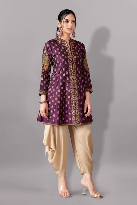 Shop_Aditi Somani_Wine Cotton, Silk Embroidery Mandarin Collar Kali Top And Dhoti Pant Set _Online_at_Aza_Fashions