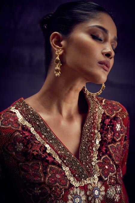 Shop Aditi Somani Red Cotton, Silk Embroidery, Sequins V-neck Heavy Kurta With Flared Pant Online at Aza Fashions Shop_Aditi Somani_Red Cotton, Silk Embroidery, Sequins V-neck Heavy Kurta With Flared Pant _Online_at_Aza_Fashions