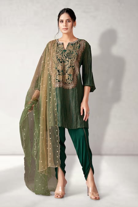 Aditi Somani Green Crush Tissue Embroidery Floral Notched Neck Kurta Draped Pant Set 