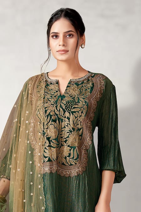 Aditi Somani Green Crepe, Chiffon Embroidery, Zari, Sequins Floral Kurta Draped Pant Set Online at Aza Fashions Aditi Somani_Green Crepe, Chiffon Embroidery, Zari, Sequins Floral Kurta Draped Pant Set _Online_at_Aza_Fashions
