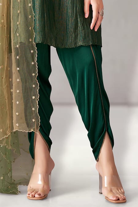 Buy Aditi Somani Green Crepe, Chiffon Embroidery, Zari, Sequins Floral Kurta Draped Pant Set Online at Aza Fashions Buy_Aditi Somani_Green Crepe, Chiffon Embroidery, Zari, Sequins Floral Kurta Draped Pant Set _Online_at_Aza_Fashions