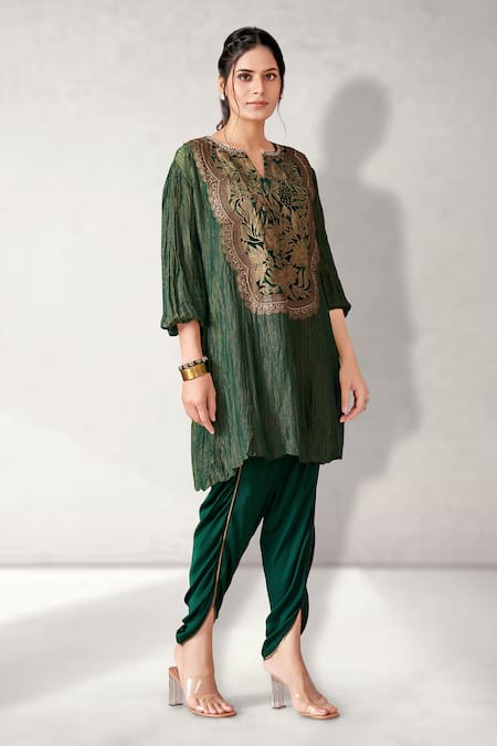 Shop Aditi Somani Green Crepe, Chiffon Embroidery, Zari, Sequins Floral Kurta Draped Pant Set Online at Aza Fashions Shop_Aditi Somani_Green Crepe, Chiffon Embroidery, Zari, Sequins Floral Kurta Draped Pant Set _Online_at_Aza_Fashions