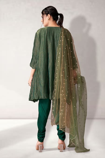 Shop Aditi Somani Green Crepe, Chiffon Embroidery, Zari, Sequins Floral Kurta Draped Pant Set at Aza Fashions Shop_Aditi Somani_Green Crepe, Chiffon Embroidery, Zari, Sequins Floral Kurta Draped Pant Set _at_Aza_Fashions