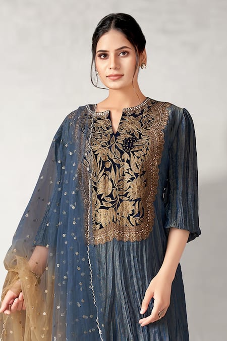 Aditi Somani_Blue Crepe, Tissue, Chiffon Zari, Embroidery, Floral Yoke Kurta Draped Pant Set _Online_at_Aza_Fashions