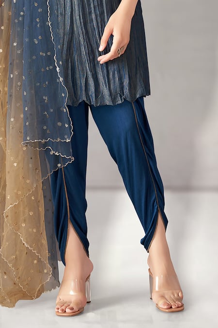 Buy_Aditi Somani_Blue Crepe, Tissue, Chiffon Zari, Embroidery, Floral Yoke Kurta Draped Pant Set _Online_at_Aza_Fashions