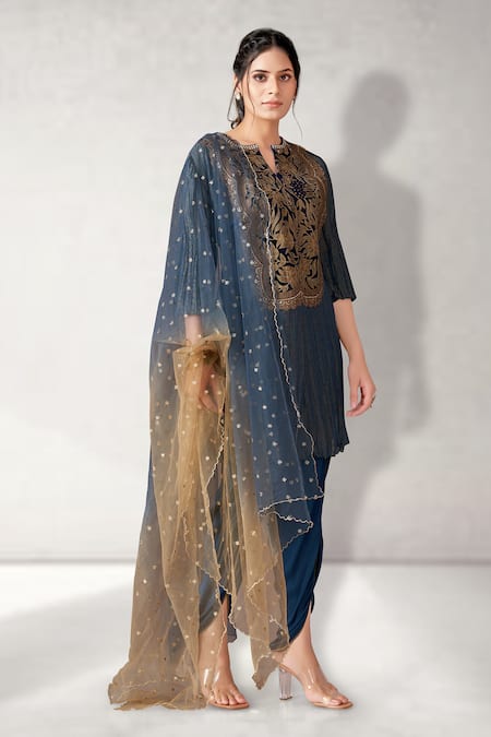Shop_Aditi Somani_Blue Crepe, Tissue, Chiffon Zari, Embroidery, Floral Yoke Kurta Draped Pant Set _Online_at_Aza_Fashions