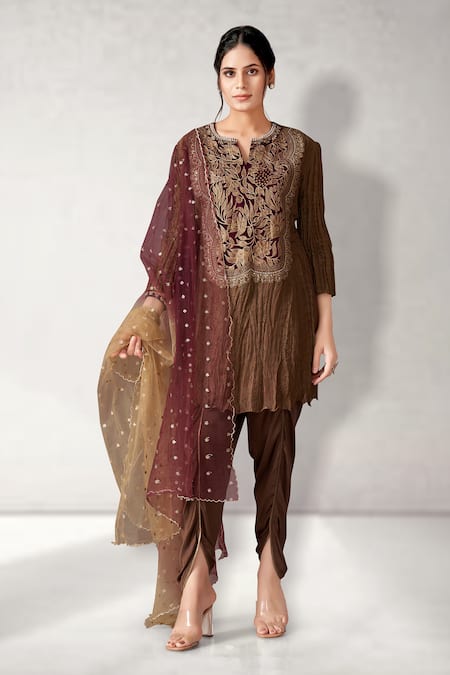 Aditi Somani Brown Crush Tissue Embroidery Floral Notched Bloom Yoke Kurta Draped Pant Set 