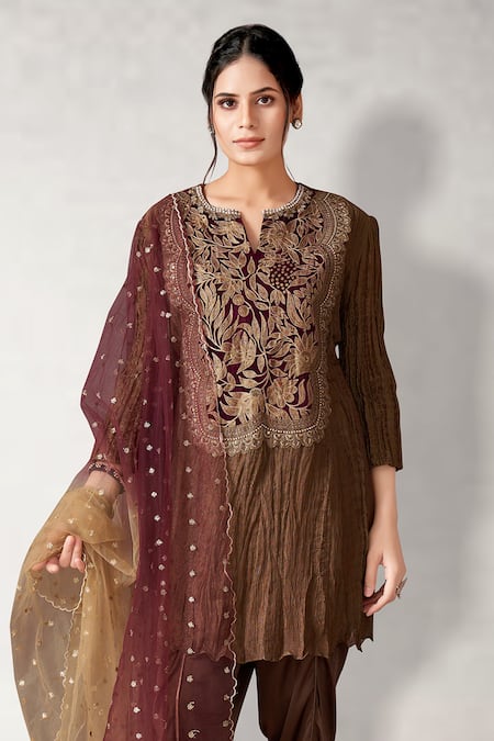 Aditi Somani_Brown Crepe, Georgette Embroidery, Floral Bloom Yoke Kurta Draped Pant Set _Online_at_Aza_Fashions