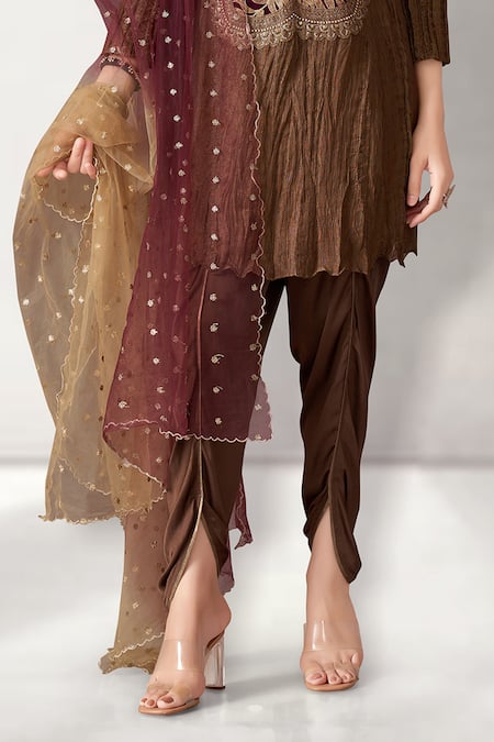 Buy_Aditi Somani_Brown Crepe, Georgette Embroidery, Floral Bloom Yoke Kurta Draped Pant Set _Online_at_Aza_Fashions