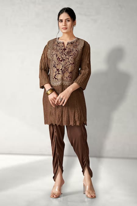 Shop_Aditi Somani_Brown Crepe, Georgette Embroidery, Floral Bloom Yoke Kurta Draped Pant Set _Online_at_Aza_Fashions