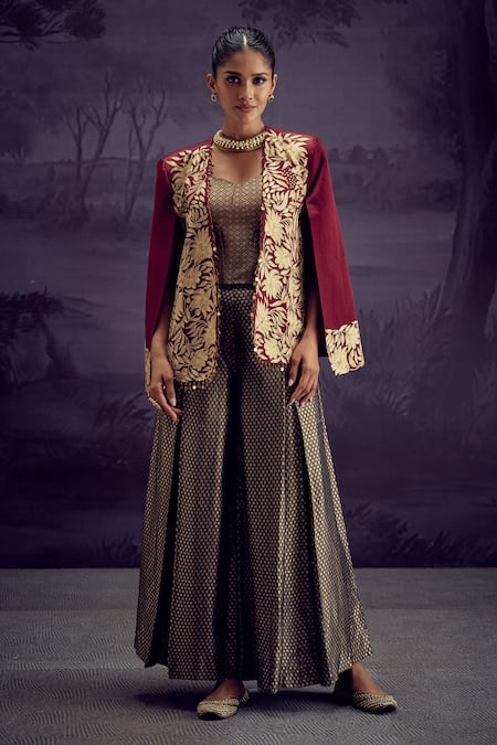 Aditi Somani Maroon Satin Linen Woven Aari Jacket Open Neck Floral Embroidered And Pant Set 