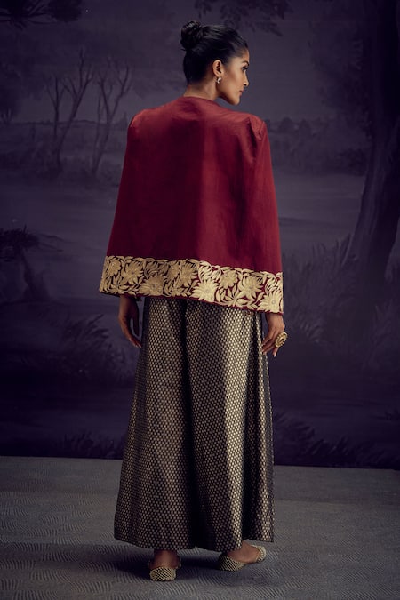 Shop Aditi Somani Maroon Brocade, Satin Embroidery Open , Round Floral Jacket And Pant Set at Aza Fashions Shop_Aditi Somani_Maroon Brocade, Satin Embroidery Open , Round Floral Jacket And Pant Set _at_Aza_Fashions
