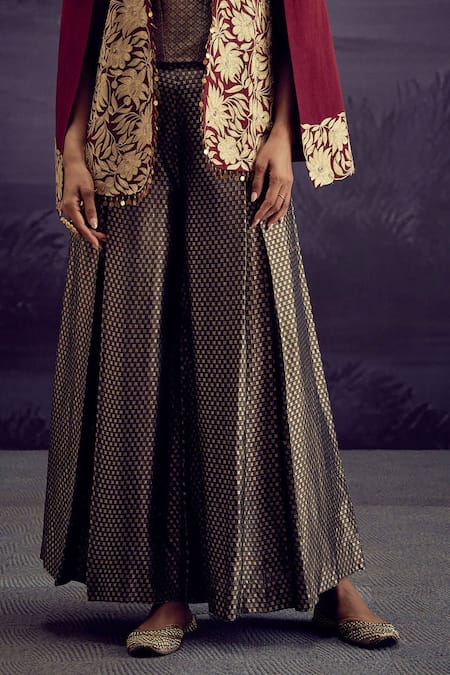 Aditi Somani Maroon Brocade, Satin Embroidery Open , Round Floral Jacket And Pant Set Online at Aza Fashions Aditi Somani_Maroon Brocade, Satin Embroidery Open , Round Floral Jacket And Pant Set _Online_at_Aza_Fashions