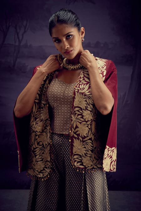 Buy Aditi Somani Maroon Brocade, Satin Embroidery Open , Round Floral Jacket And Pant Set Online at Aza Fashions Buy_Aditi Somani_Maroon Brocade, Satin Embroidery Open , Round Floral Jacket And Pant Set _Online_at_Aza_Fashions