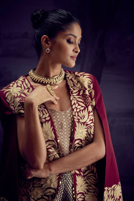 Shop Aditi Somani Maroon Brocade, Satin Embroidery Open , Round Floral Jacket And Pant Set Online at Aza Fashions Shop_Aditi Somani_Maroon Brocade, Satin Embroidery Open , Round Floral Jacket And Pant Set _Online_at_Aza_Fashions