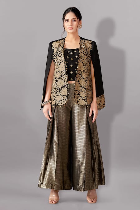 Aditi Somani Black Satin Linen Woven Aari Jacket Open Floral Bloom Embroidered And Pant Set 