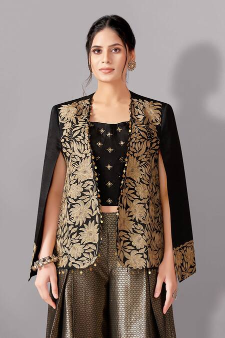 Aditi Somani_Black Brocade, Satin Embroidery Open Neck, Round Floral Bloom Jacket And Pant Set _Online_at_Aza_Fashions