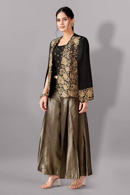 Shop_Aditi Somani_Black Brocade, Satin Embroidery Open Neck, Round Floral Bloom Jacket And Pant Set _Online_at_Aza_Fashions