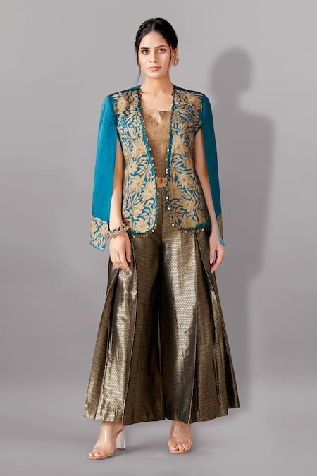 Aditi Somani Blue Satin Linen Woven Aari Jacket Open Floral Bloom Embroidered And Pant Set 