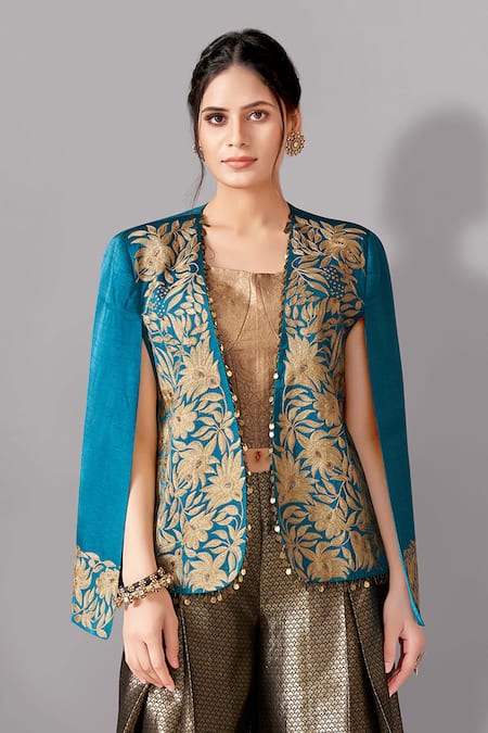 Aditi Somani_Blue Brocade, Satin, Linen Embroidery Open Floral Bloom Aari Jacket And Pant Set _Online_at_Aza_Fashions