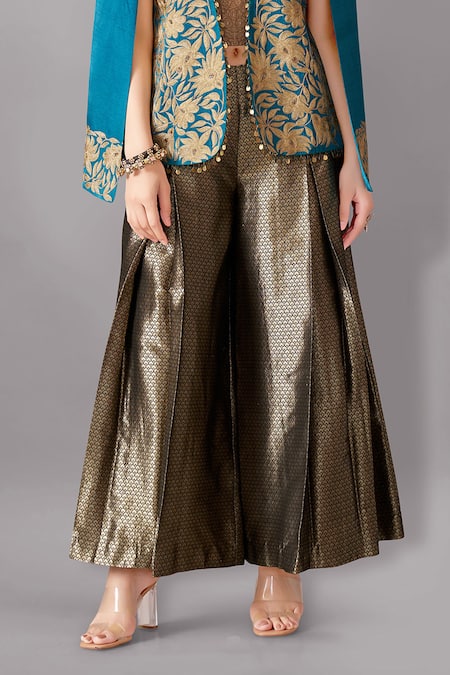 Buy_Aditi Somani_Blue Brocade, Satin, Linen Embroidery Open Floral Bloom Aari Jacket And Pant Set _Online_at_Aza_Fashions
