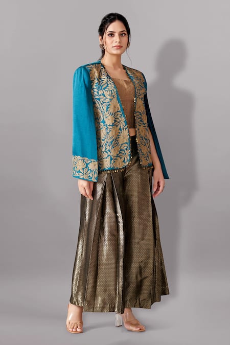 Shop_Aditi Somani_Blue Brocade, Satin, Linen Embroidery Open Floral Bloom Aari Jacket And Pant Set _Online_at_Aza_Fashions