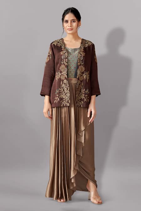 Aditi Somani Brown Satin Linen Woven Aari Jacket Open Flower Vine Embroidered And Skirt Set 