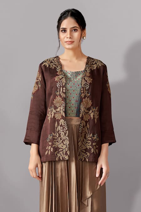 Aditi Somani Brown Brocade, Satin, Modal Embroidery Open Flower Vine Jacket And Skirt Set Online at Aza Fashions Aditi Somani_Brown Brocade, Satin, Modal Embroidery Open Flower Vine Jacket And Skirt Set _Online_at_Aza_Fashions